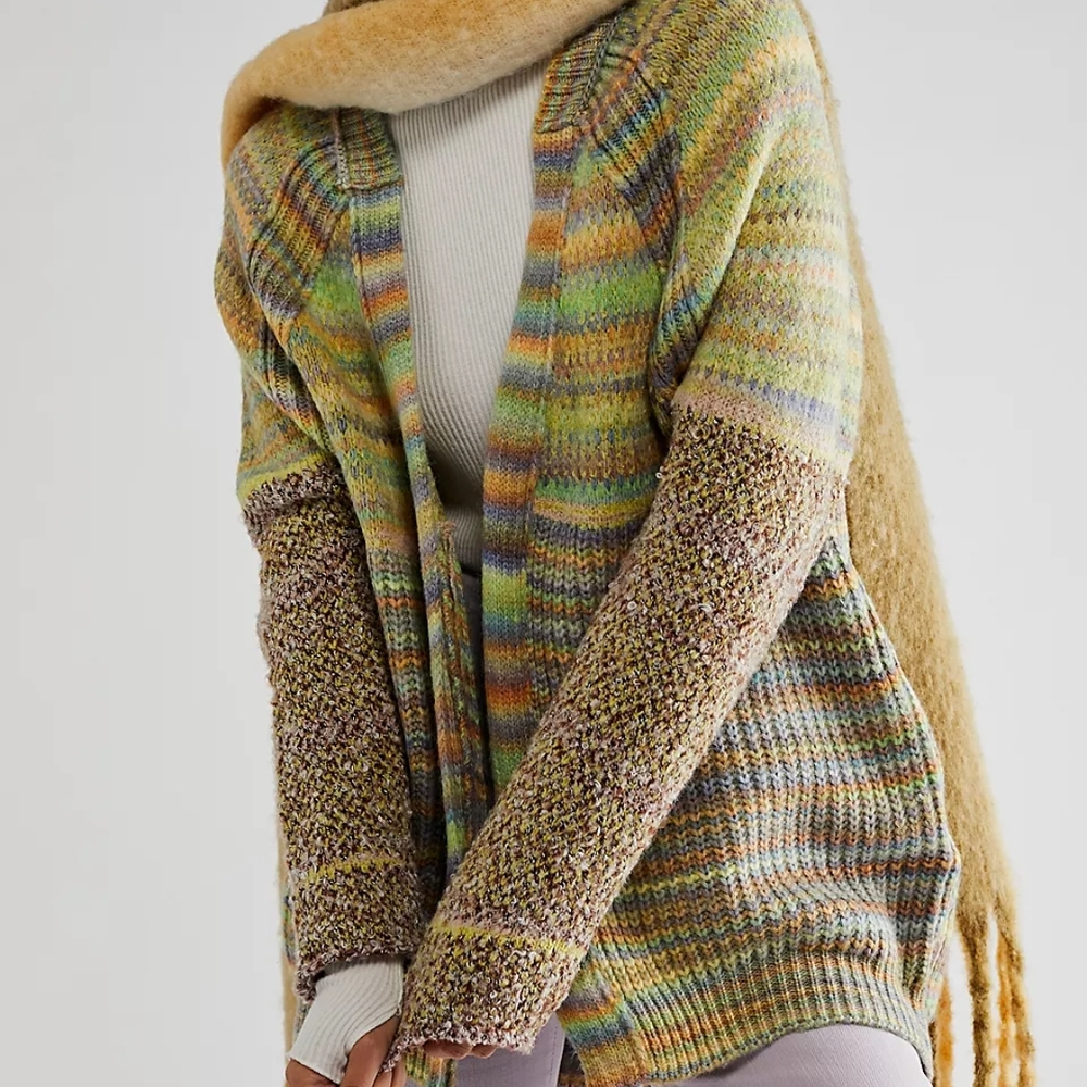 Free People Chocolate Lime Combo Sedona Cardi Sweater Size Med NWT - Picture 3 of 14